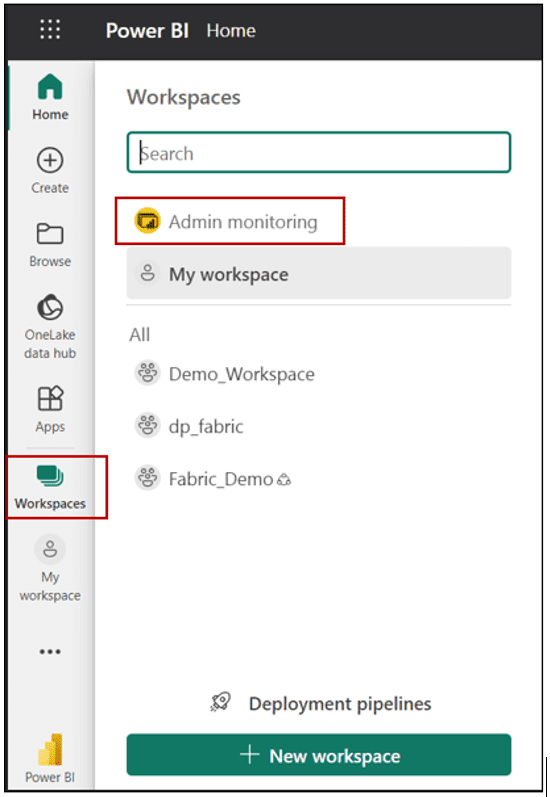 Screenshot of Power BI Home with Admin monitoring.